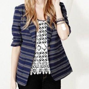 Karen Kane Blazer Jacket Women XL Blue White Ruched Elbow Sleeve Jacquard Cotton